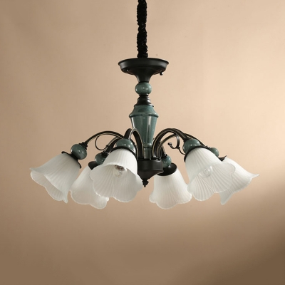 Flower Dining Room Chandelier Farmhouse White Frosted Glass 5/6 Lights Black Ceiling Pendant Lamp