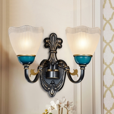 Flower Latticed Glass Up Sconce Traditional 1/2-Light Indoor Wall Light Fixture in Black and Blue