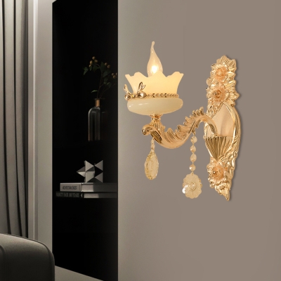Frosted Glass Brass Wall Sconce Floral 1/2-Bulb Contemporary Wall Light with Crystal Drop
