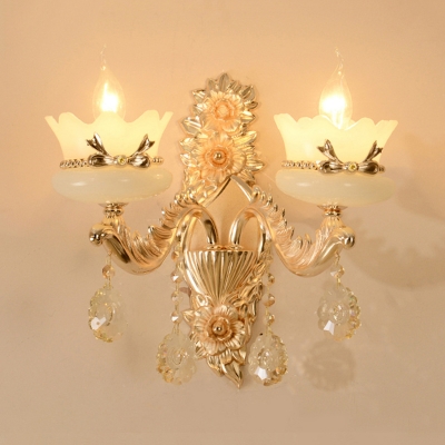Frosted Glass Brass Wall Sconce Floral 1/2-Bulb Contemporary Wall Light with Crystal Drop