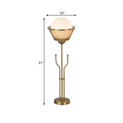 Globe White Glass Nightstand Light Post Modern 1 Light Brass Finish Night Table Lamp with Trident Base