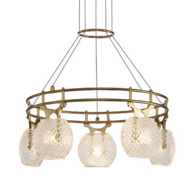 Gold 2-Tier Circle Chandelier Mid Century 5-Light Stainless Steel Pendant Lighting with Dome Lattice Glass Shade