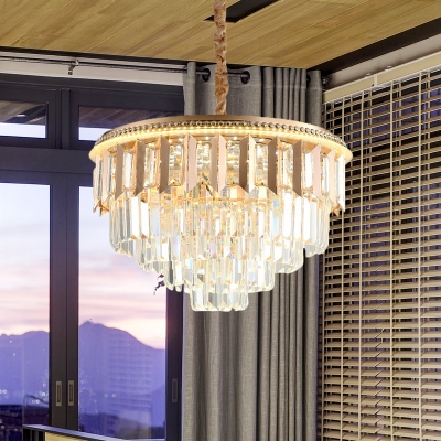 Gold 4 Tiers Chandelier Light Traditional Clear Crystal Block LED Dining Room Suspension Lamp
