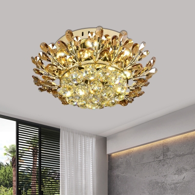 Gold Branch Flush Light Contemporary Cognac and Clear Crystal LED Bedroom Flush Mount Spotlight