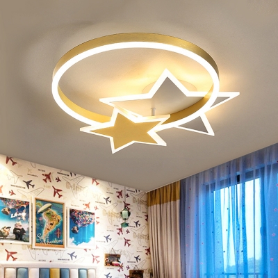 Gold Ring Flush Mount Ceiling Light Fixture Minimalist Acrylic LED Flush Mount Lamp with Star Design for Bedroom in Warm/White Light