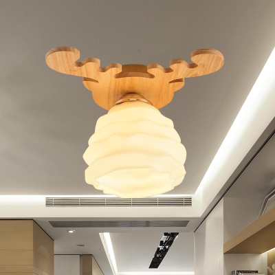 Honeycomb White Glass Ceiling Flush Designer 1-Light Wood Flushmount Lamp with Antler Canopy