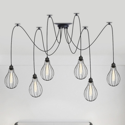Industrial Pear Cage Multi Light Chandelier 2/3/6 Lights Iron Swag Ceiling Pendant Lamp in Black