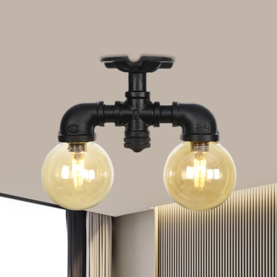 Industrial-Style Ball LED Semi Mount Lighting 2 Heads Amber Glass Flush Ceiling Lamp in Black