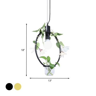 Iron Black/Gold Drop Pendant Round/Square Frame 1 Head Farmhouse Style Hanging Light with Plant Pot and Fake Flower Vine
