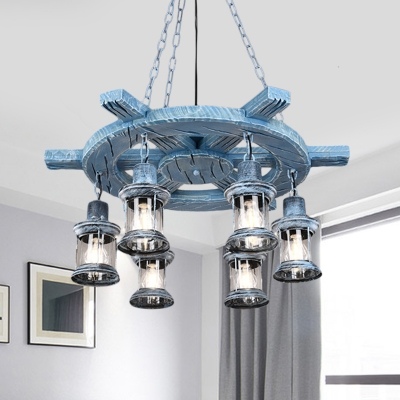 Kerosene Clear Glass Pendant Chandelier Warehouse 6 Heads Dining Room Ceiling Lamp in Black/Grey with Wood Rudder Deco
