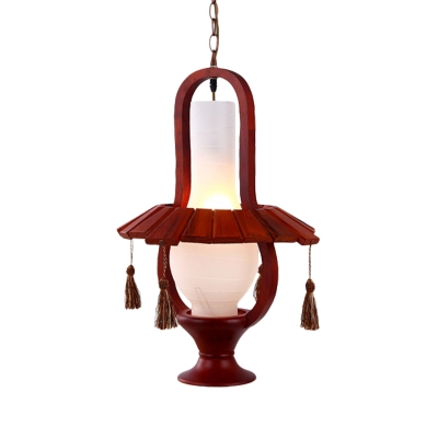 Kerosene Dining Room Pendant Lamp Opal Glass 1-Light Red Brown Hanging Lighting with Wood Frame