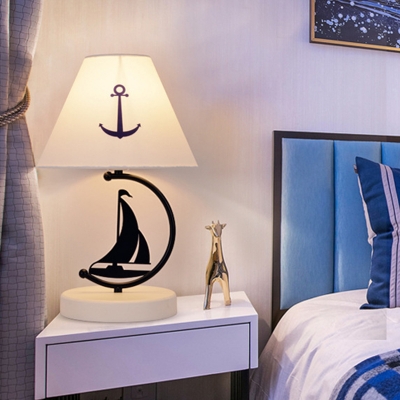 Kid Sailing Boat Nightstand Light Metal 1 Bulb Bedroom Table Lamp with White Cone Fabric Lampshade