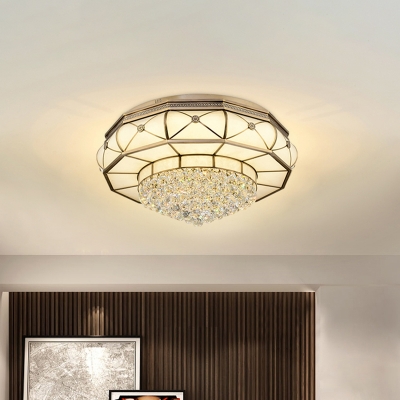 LED Flush Mount Fixture Modernist Drum Frosted Glass Flush Ceiling Light in Brass with Crystal Droplet