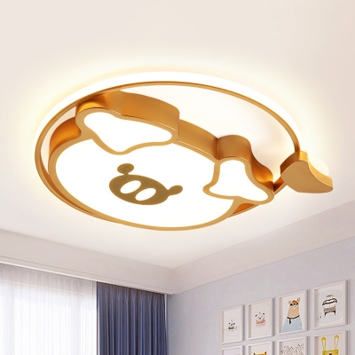 Lovely Pig Flush Mount Ceiling Light Cartoon Acrylic Pink/Gold LED Lighting Fixture with Ring for Bedroom