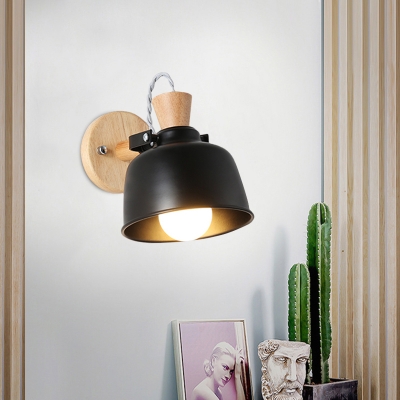 Macaron Bowl Wall Lighting Iron 1 Bulb Bedside Handle Wall Sconce in Grey/Black with Wood Top and Backplate