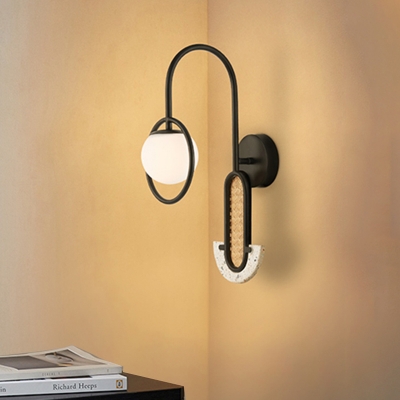 Metal Gooseneck Wall Light Designer 1 Bulb Black/Gold Sconce with Orb Glass Shade and Braided Rattan Detail
