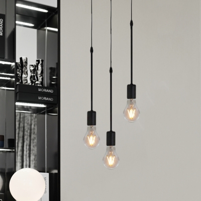 Metallic Exposed Bulb Multi Ceiling Lamp Vintage 3/5/10 Lights Coffee Shop Pendulum Light in Black with Linear/Round Canopy