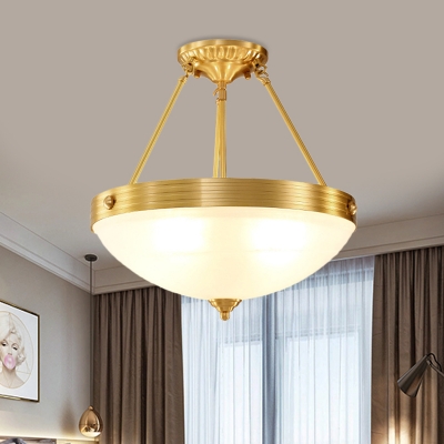Milk Matte Glass Bowl Ceiling Flush Traditional 4 Bulbs Bedroom Semi Flush Mount Light in Brass