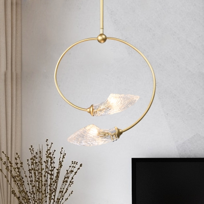 Minimalist Swirled Drop Lamp Clear Textured Glass 2-Head Dining Room Chandelier Light Fixture in Gold