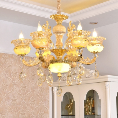 Modern Flower Chandelier Light 6 Heads Frosted Glass Hanging Lamp in Gold with Crystal Drop