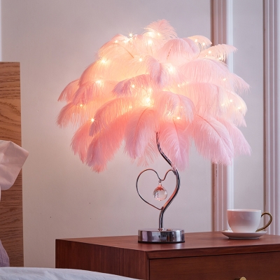 Modern Nordic Feather Night Table Light Fur LED Bedside Nightstand Lamp in White/Pink with Crystal Droplet