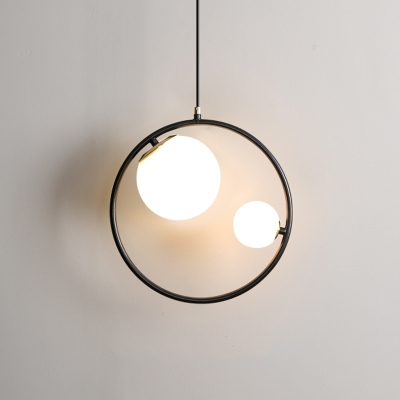 Modernist 2-Light Chandelier Black Circle Hanging Lamp Kit with Orb Frosted Glass Shade