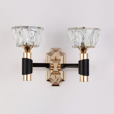 Modernist Bowl Wall Mount Light 1/2-Bulb Crystal Rectangle Sconce Lamp in Black and Gold