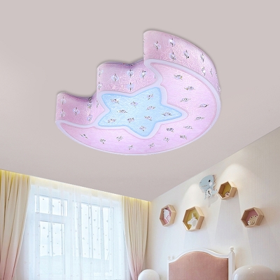 Modernist Moon and Star Ceiling Mounted Fixture Acrylic Bedroom LED Flush Mount with Crystal Deco in Blue/Pink