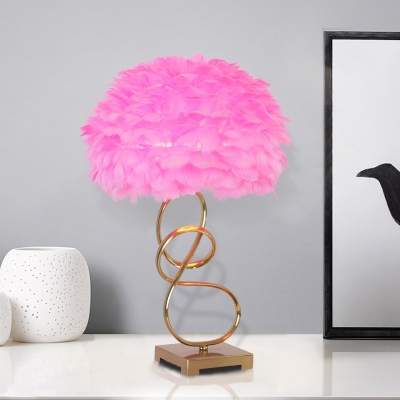 Pink Feather Nightstand Light Modern 1-Light Fabric Night Table Lamp with Twisting Design