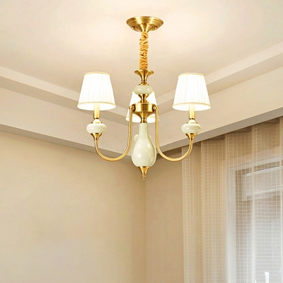 Pleated Barrel White Fabric Down Lighting Traditional 3/6-Bulb Living Room Hanging Chandelier in Brass