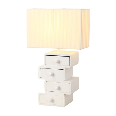 Pleated Fabric Box Nightstand Lamp Modern Functional 1-Light White Table Light with 4-Layer Wood Drawer Base