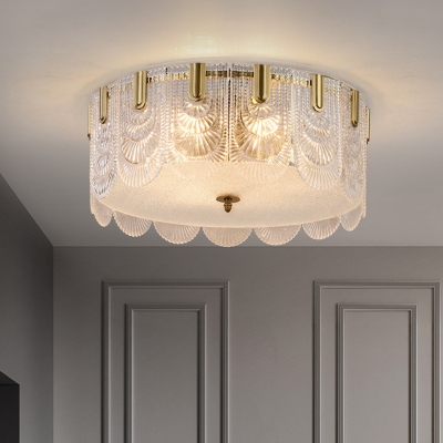 Prismatic Glass Cake Flush Light Fixture Traditional 6-Light Brass Finish Ceiling Mounted Lamp