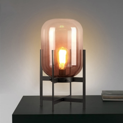 Quadruped Metal Table Light Minimalist 1-Head White/Black Finish Night Lamp with Oval Tan Glass Shade