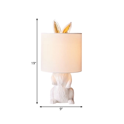Rabbit Shape Bedside Night Table Light Resin LED Cartoon Night Lamp in White with Cylinder Fabric Shade