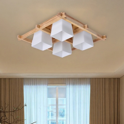 Trapezoid Bedroom Flush Light Fixture Milk White Glass 4/6-Bulb Japanese Ceiling Mounted Lamp with Wood Grid Frame