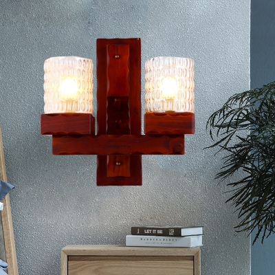 Red Brown Wall Light Fixture Classic Yellow Dimpled Glass 1/2-Light Bedroom Wall Sconce with Wood Backplate