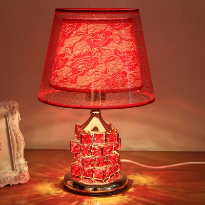 Red/Gold Magic Cube Shape Table Lamp Traditional Cut Crystal 1 Head Bedroom Night Light with Barrel Fabric Shade