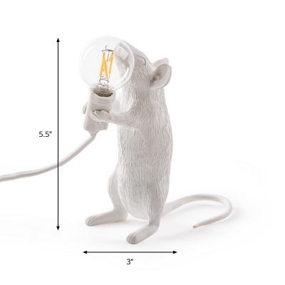 Resin Rat Holding Night Lamp Rustic Single Bulb Bedside Table Light in White with Exposed Bulb Design