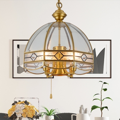 Retro Hemisphere Pull-Chain Pendant 5 Lights Clear Glass Hanging Chandelier in Brass