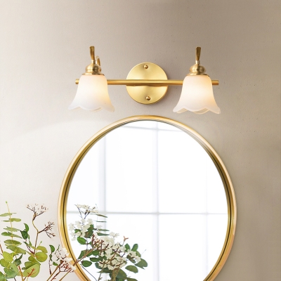 Scalloped Bell Bath Sconce Lighting Antiqued Frosted White Glass 2/3-Head Brass Finish Wall Lamp