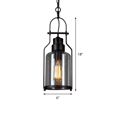 Single Bulb Jar Shape Pendulum Light Industrial Black Clear Glass Hanging Lamp with Mesh Venting Hole