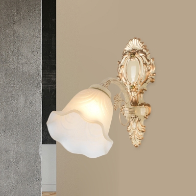 Single-Bulb Wall Light Fixture Cottage Bedside Sconce Light with Floral Frosted Glass Shade in Beige