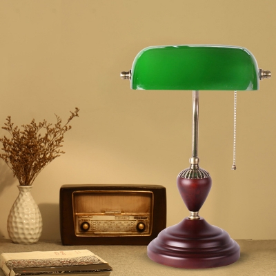 Single Green Glass Pull-Chain Table Lamp Retro Copper Oblong Bedside Nightstand Light