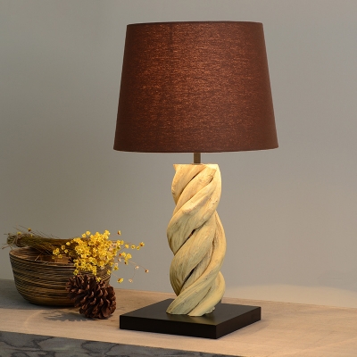Tapered Drum Fabric Night Lamp Modern 1 Light Brown Table Lighting with Stranded Wood Pedestal