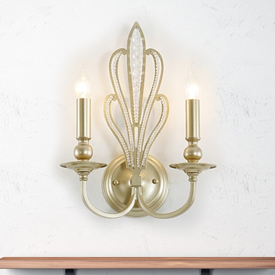 Traditional Candlestick Wall Light 1/2-Bulb Iron Sconce in Brass with Flower Crystal Accent