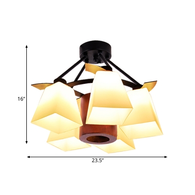 Trapezoid Bedroom Semi Mount Lighting Traditional White Glass 3/5 Heads Black Ceiling Light with Cylinder Wood Shade