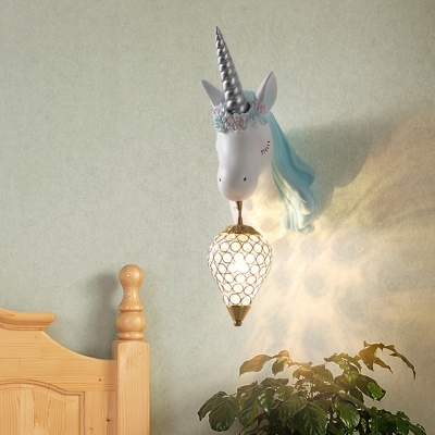Unicorn Shape Resin Wall Light Fixture Cartoon 1-Light Blue/Pink Sconce Lamp with Teardrop Crystal Shade, Right/Left