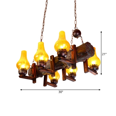 Vase Shade Dining Room Island Light Fixture Vintage Yellow Water Glass 6-Head Brown Pendant Lamp with Resin Linear Beam