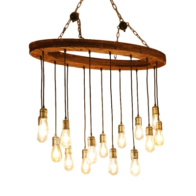 Vintage Oval Island Lamp 15 Heads Wood Pendant Light Kit with Exposed Bulb Design