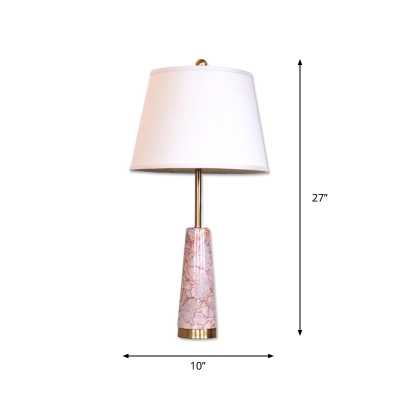 White Barrel Night Light Modernist 1-Head Fabric Table Lamp with Cone Red Marble Base